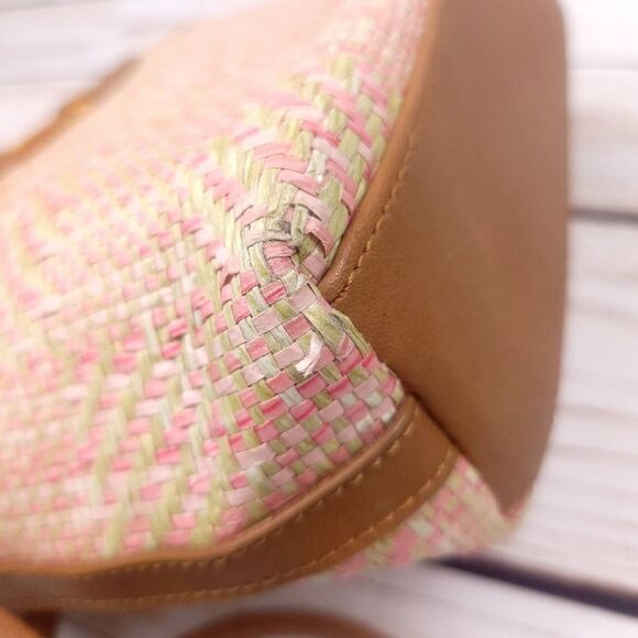 Vintage Fossil Pink and Tan Straw Purse Shoulder Crossbody Bag Wooden Handles - Picture 12 of 15